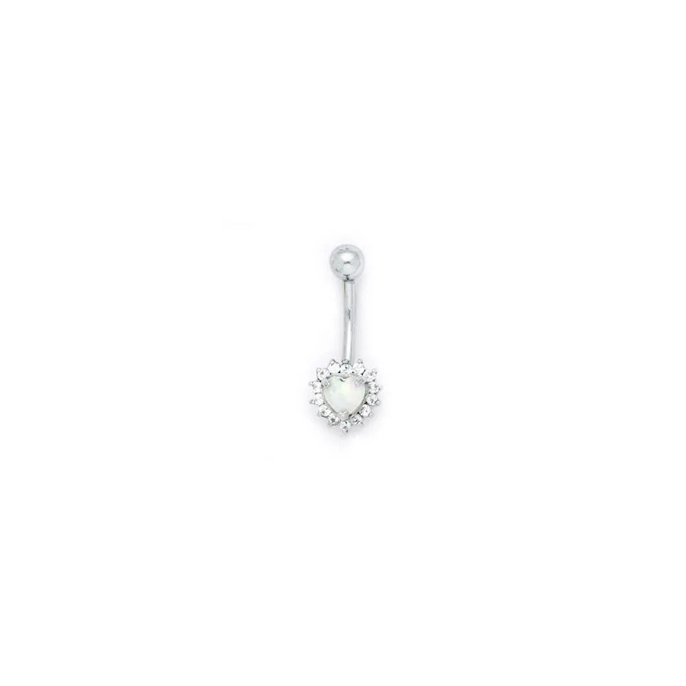 16 Gauge Solid 14kt White Gold Zirconia Opal Heart Belly Ring