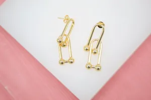 18K Gold Filled Double Long Drop Oval U Hoops Hoops Link Earrings (K123A)