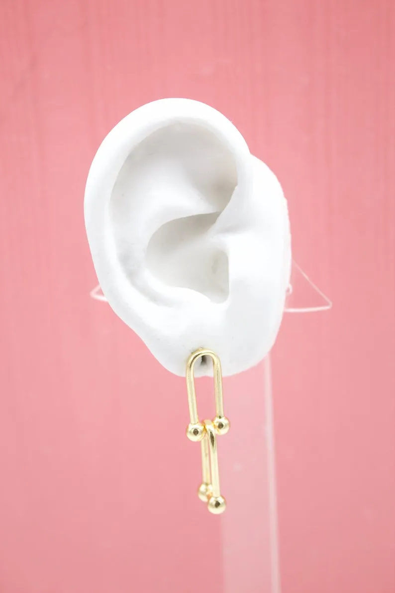 18K Gold Filled Double Long Drop Oval U Hoops Hoops Link Earrings (K123A)