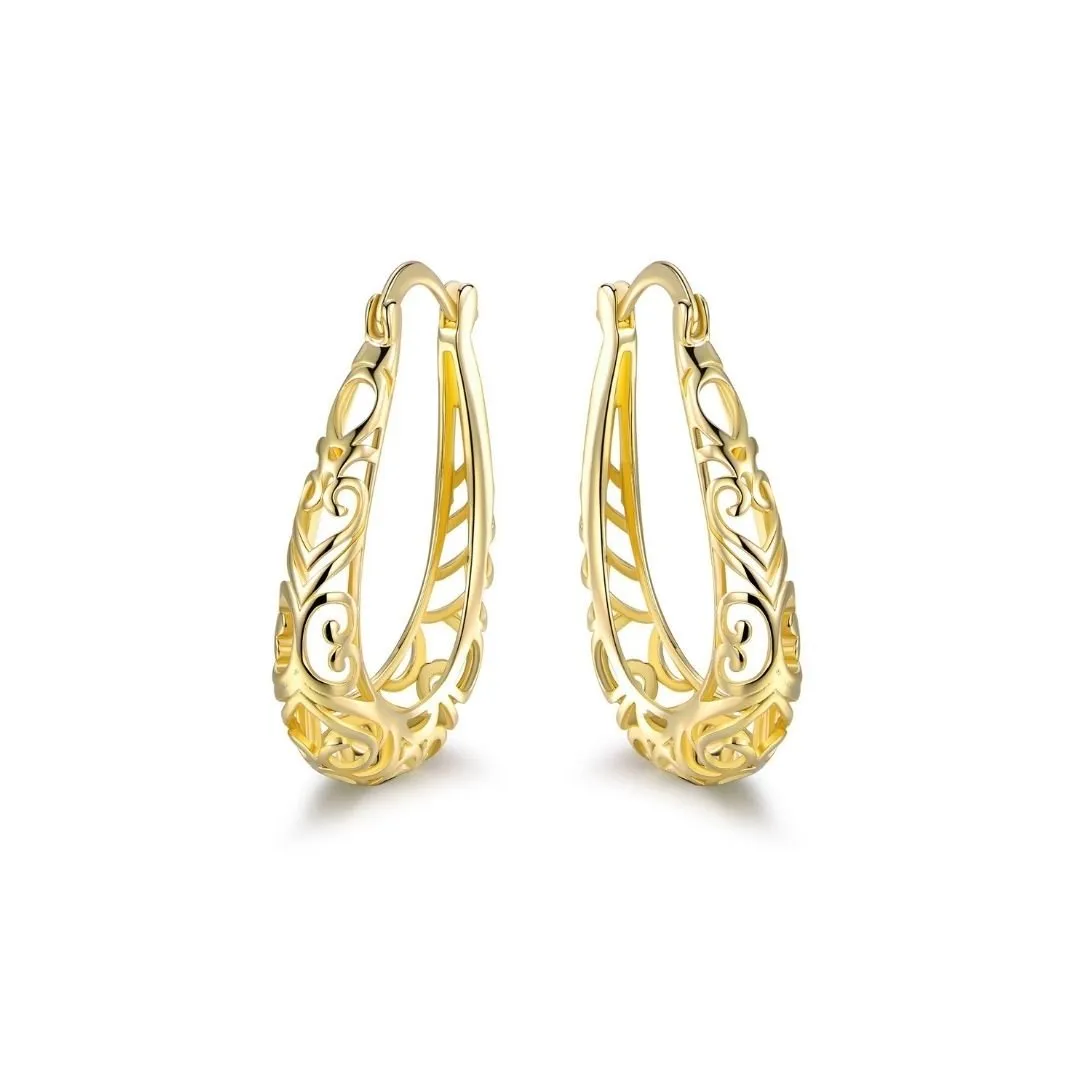 18K Gold Plated Filigree Hoop Earrings