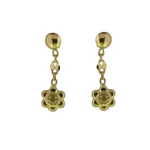 18K Solid Yellow Gold Polished Flower Face Dangle Post Earrings.