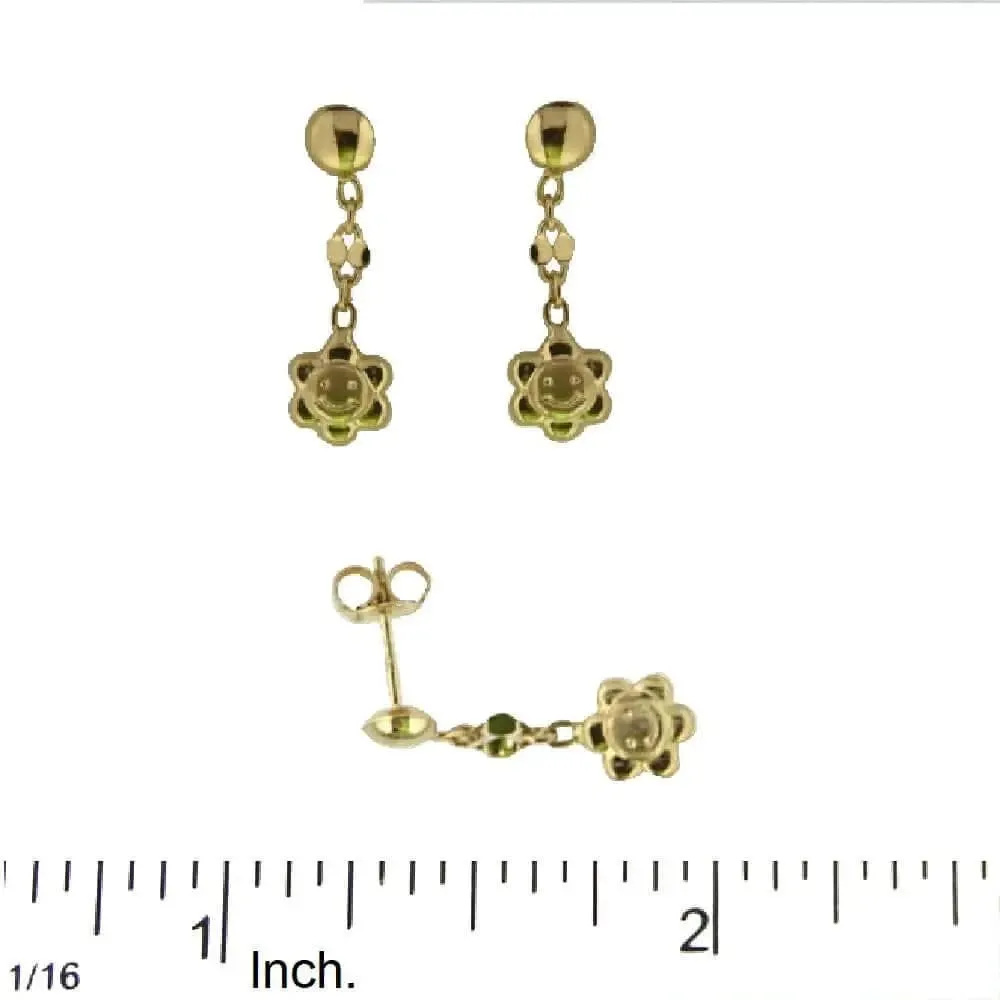 18K Solid Yellow Gold Polished Flower Face Dangle Post Earrings.