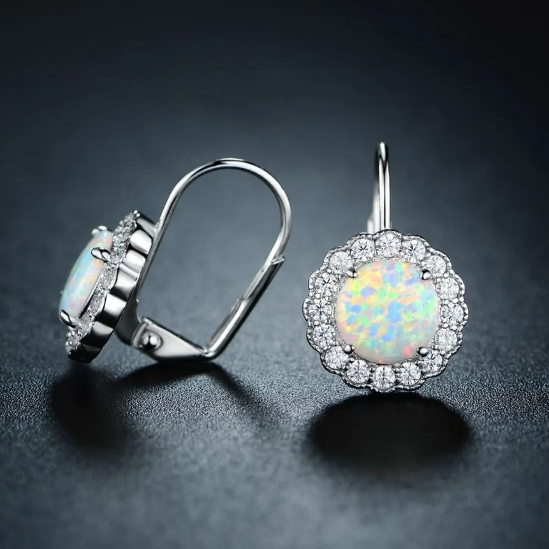 18K White Gold Plated Flower Opal Huggie Earrings