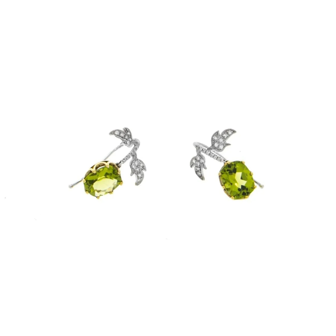 18K Yellow and White Gold Peridot Pavè Diamond Leaf Earrings