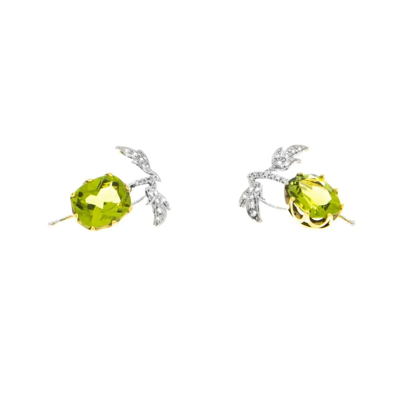 18K Yellow and White Gold Peridot Pavè Diamond Leaf Earrings