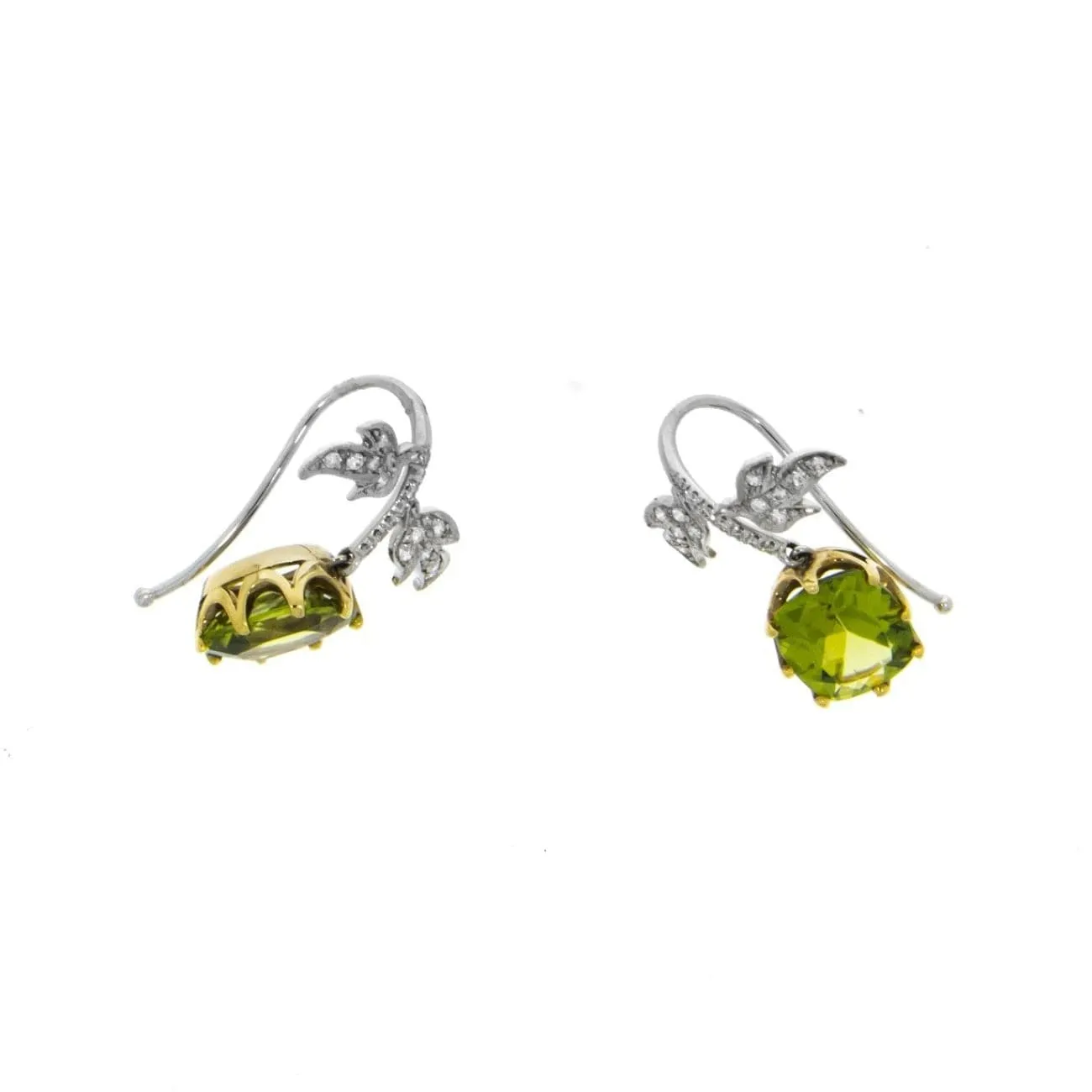 18K Yellow and White Gold Peridot Pavè Diamond Leaf Earrings