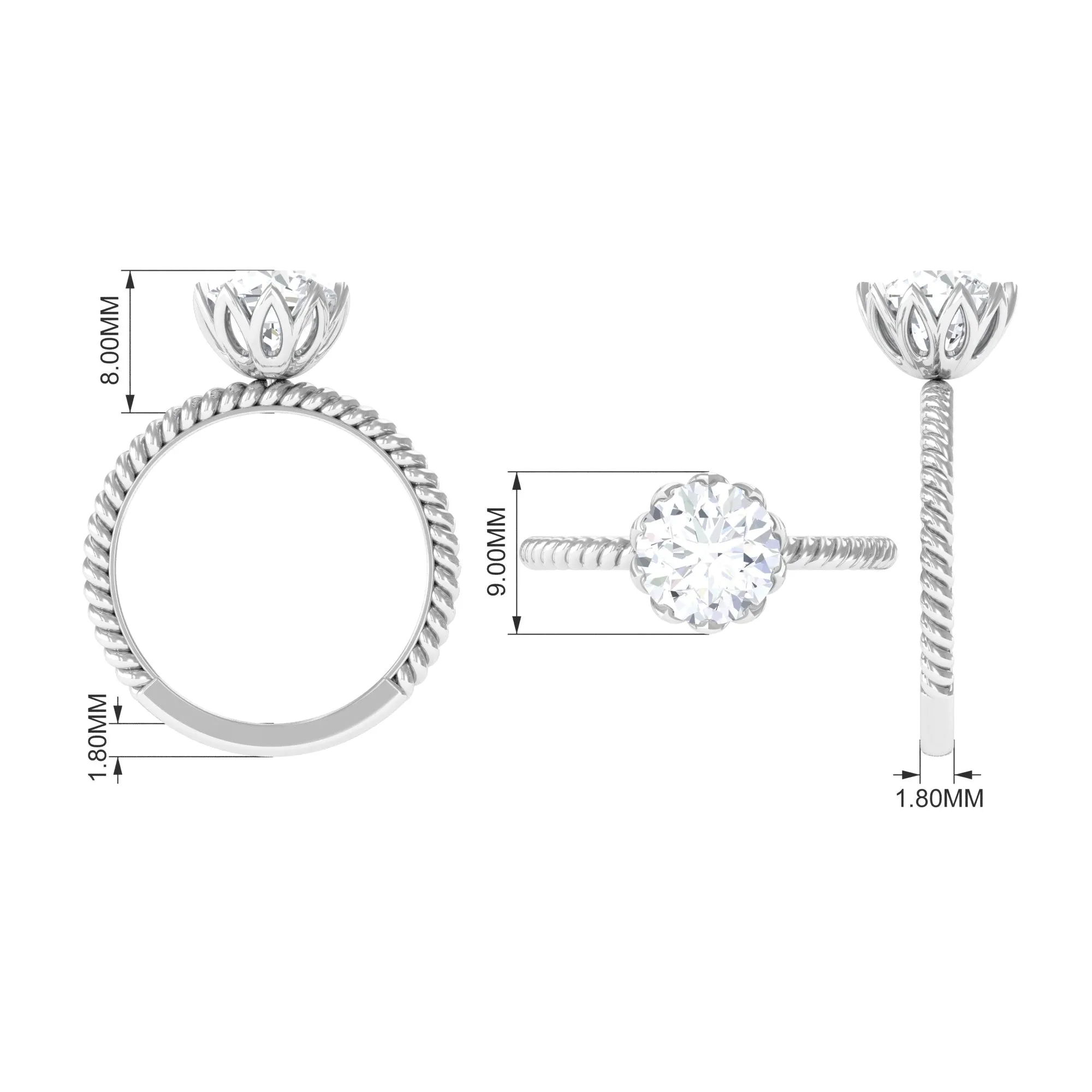 2 CT Minimal Moissanite Solitaire Gold Ring with Twisted Rope Details