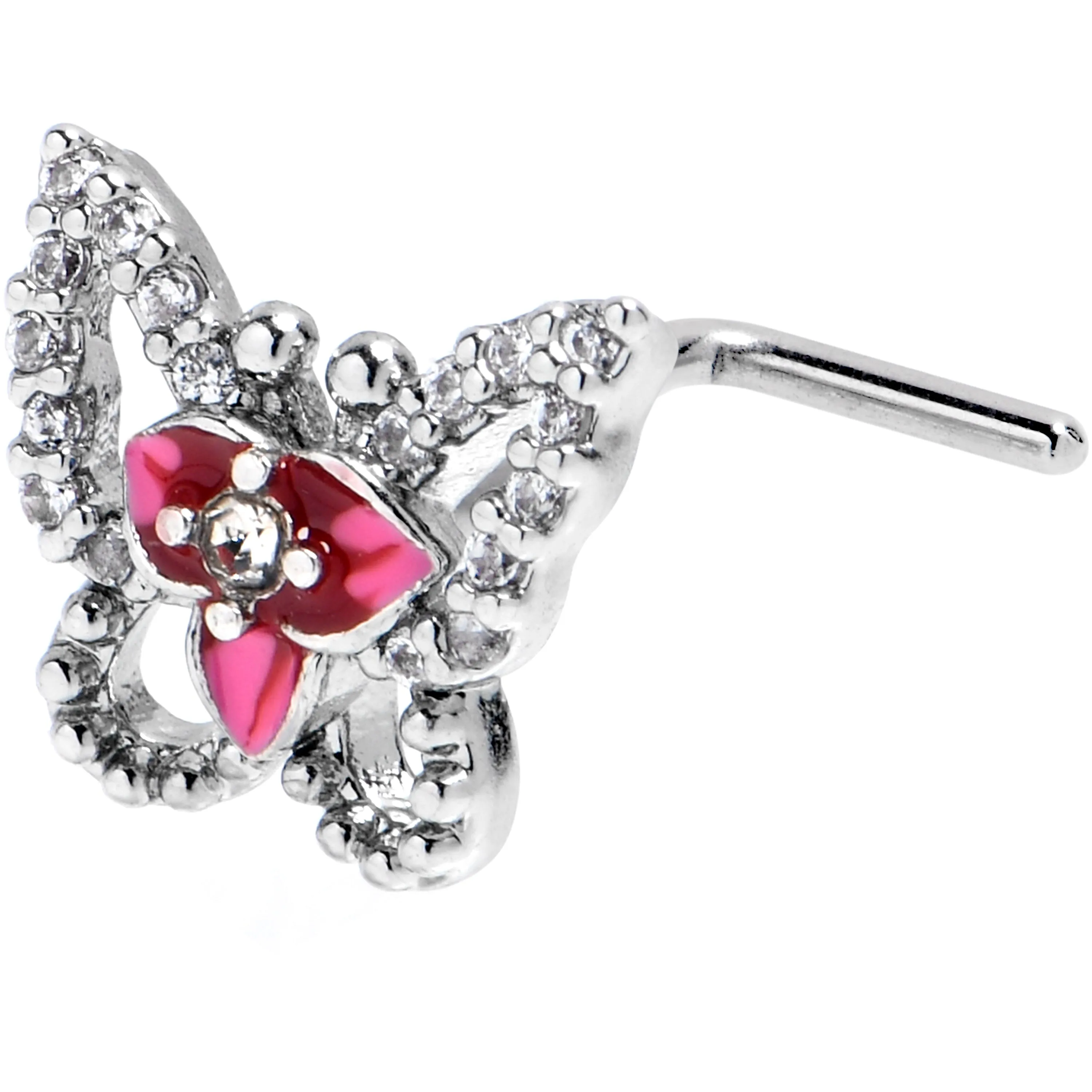 20 Gauge 7mm Clear Gem Fabulous Butterfly Pink L Shape Nose Ring