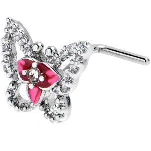 20 Gauge 7mm Clear Gem Fabulous Butterfly Pink L Shape Nose Ring