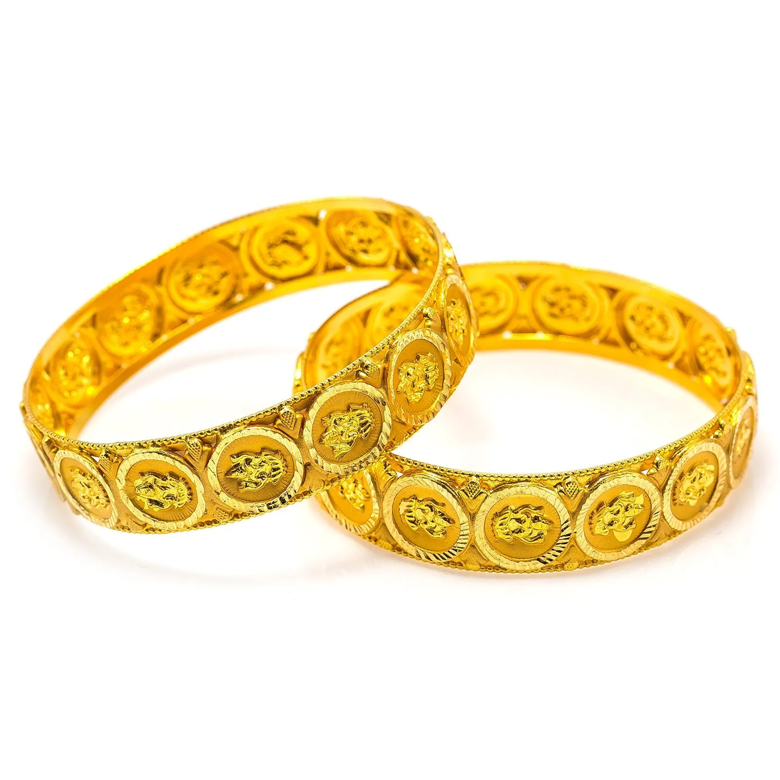 22K Yellow Gold Bangle W/ Engraved Laxmi Coin Accents