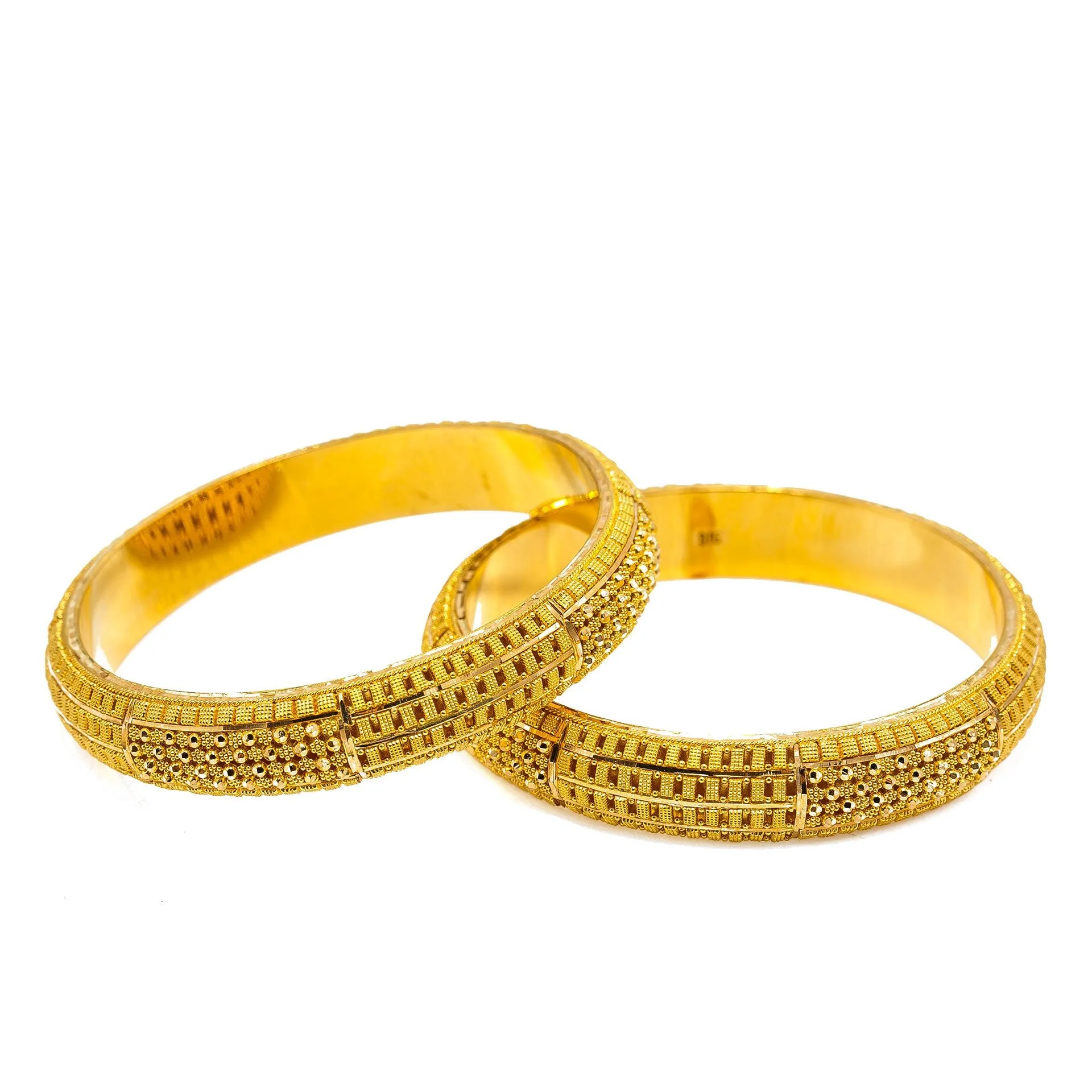 22K Yellow Gold Bangles Set of 2 W/ Clustered Beaded Filigree & Thick Domed Band
