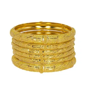 22K Yellow Gold Bangles Set of 6 W/ Rounded Hollow Dome & Beaded Filigree, 83.4 gm