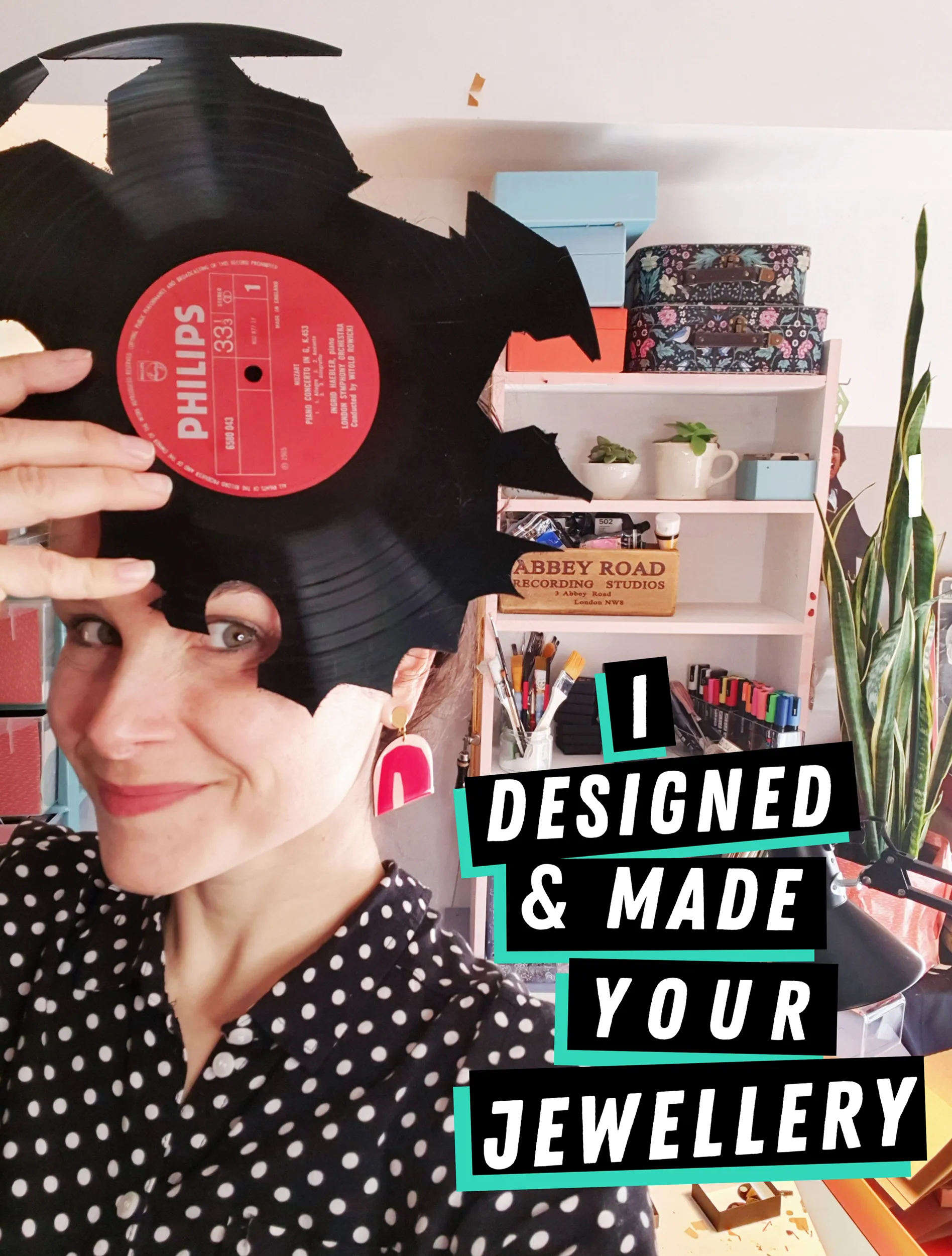 40% READ description unique recycled vinyl record art necklace in red, gold and black
