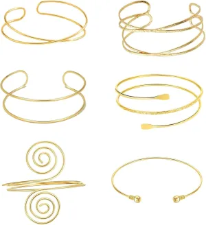 6 Pieces Gold Arm Cuff Jewelry Upper Arm Cuff Bracelets Bangle Adjustable Armband Set for Women