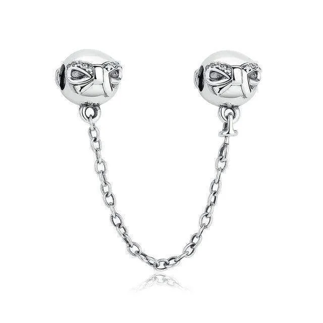 7 Styles, 925 Sterling Silver Pave Safety Chains, Clear CZ Stopper Charms Fit Pan Charm Bracelet