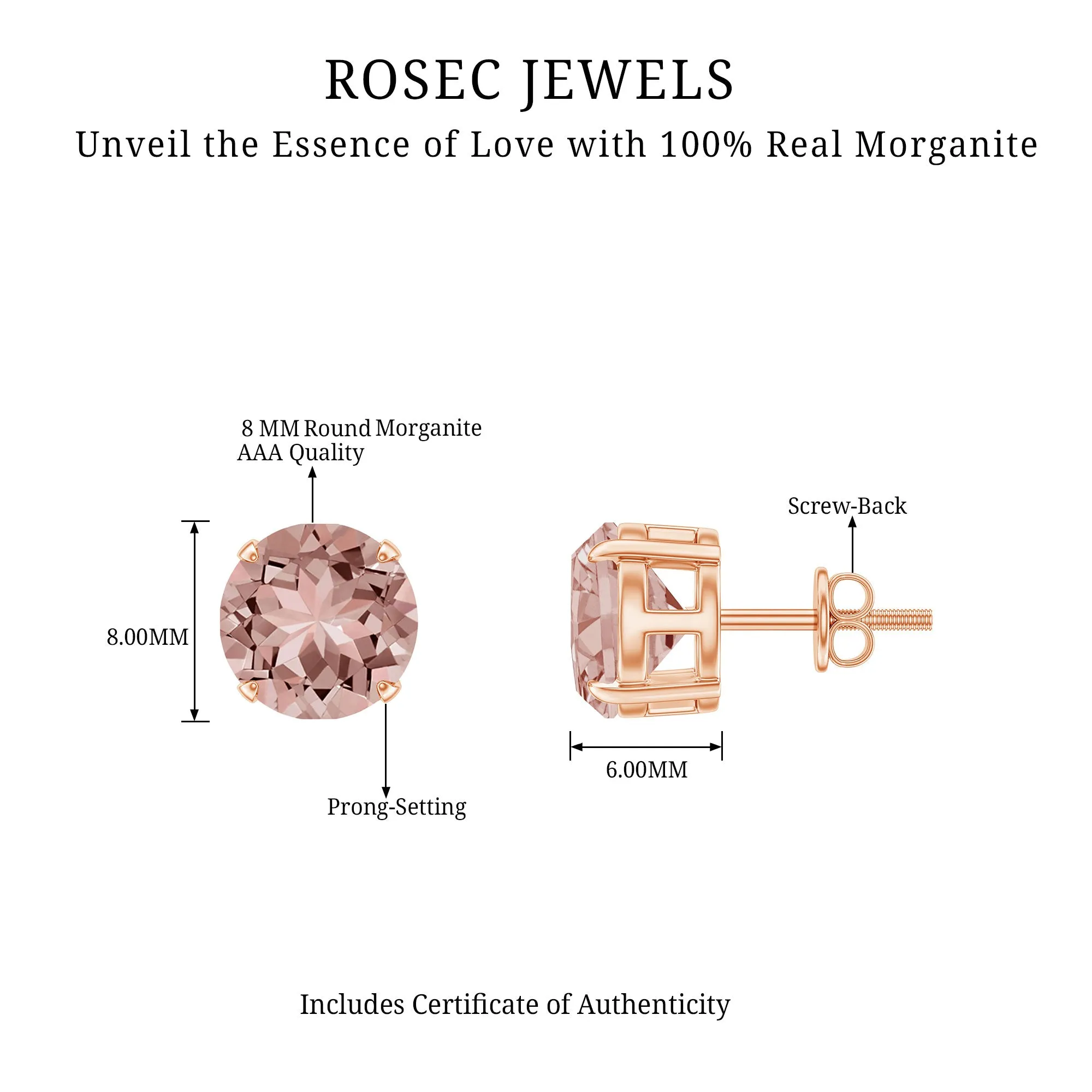 8 MM Round Morganite Solitaire Stud Earrings in Claw Setting