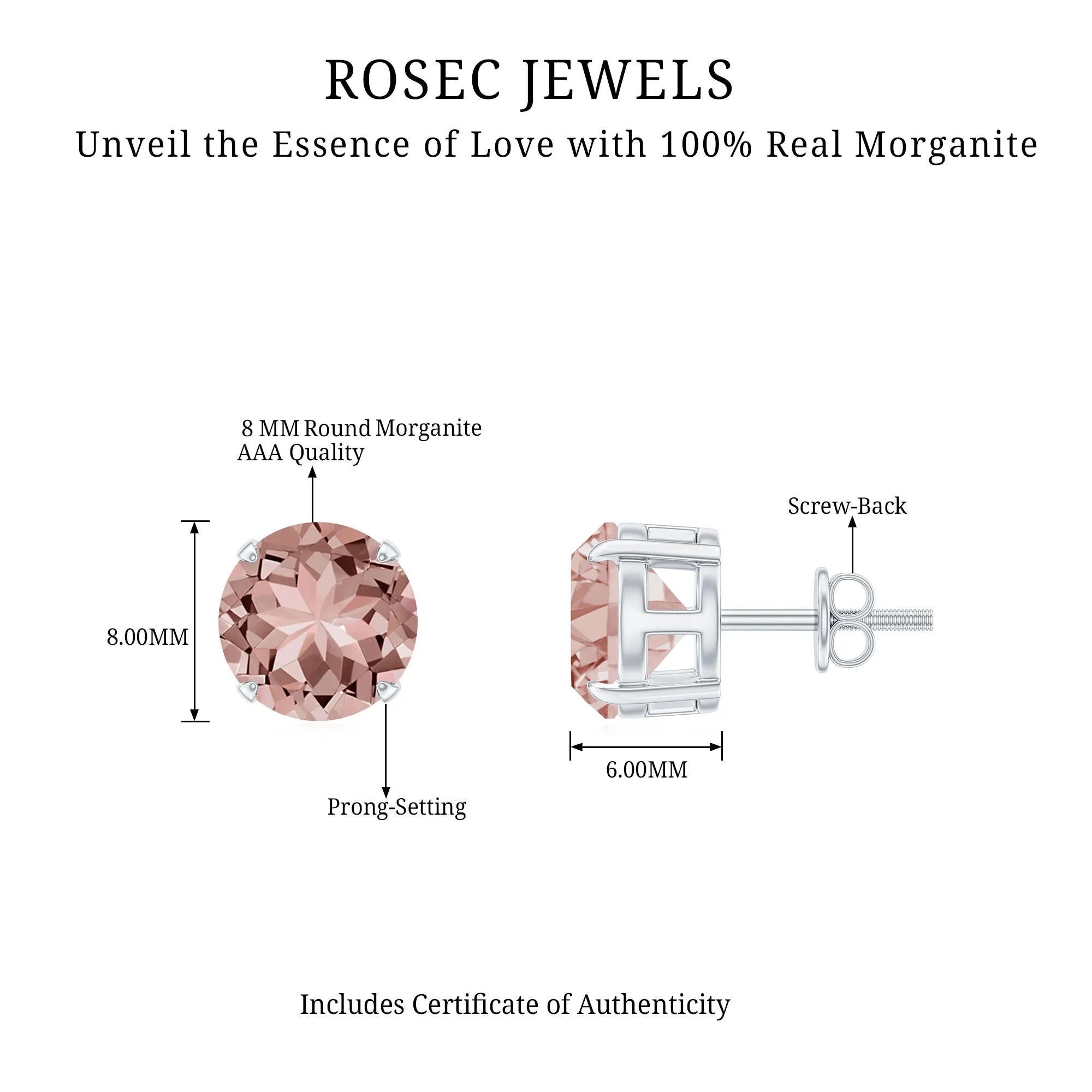 8 MM Round Morganite Solitaire Stud Earrings in Claw Setting