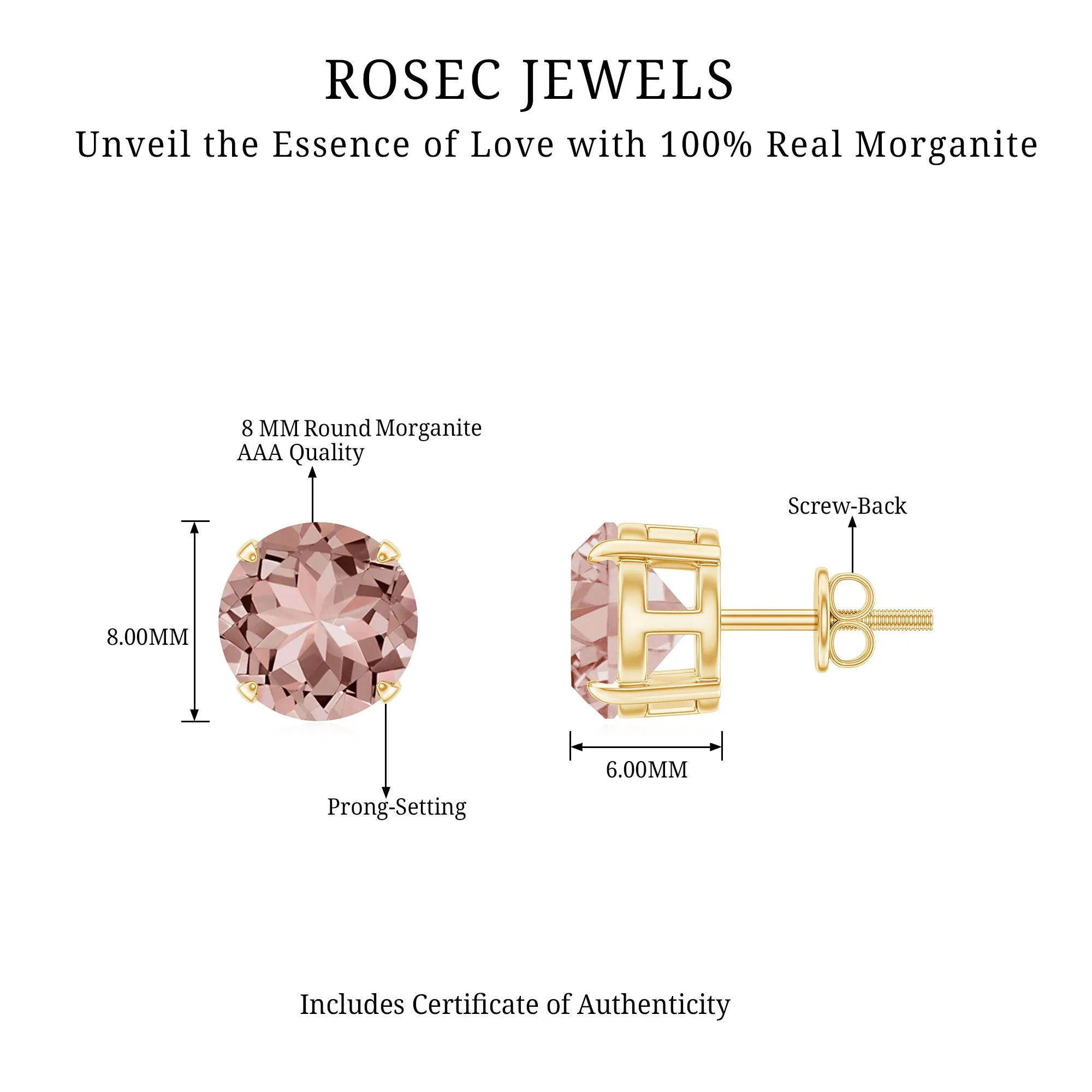 8 MM Round Morganite Solitaire Stud Earrings in Claw Setting