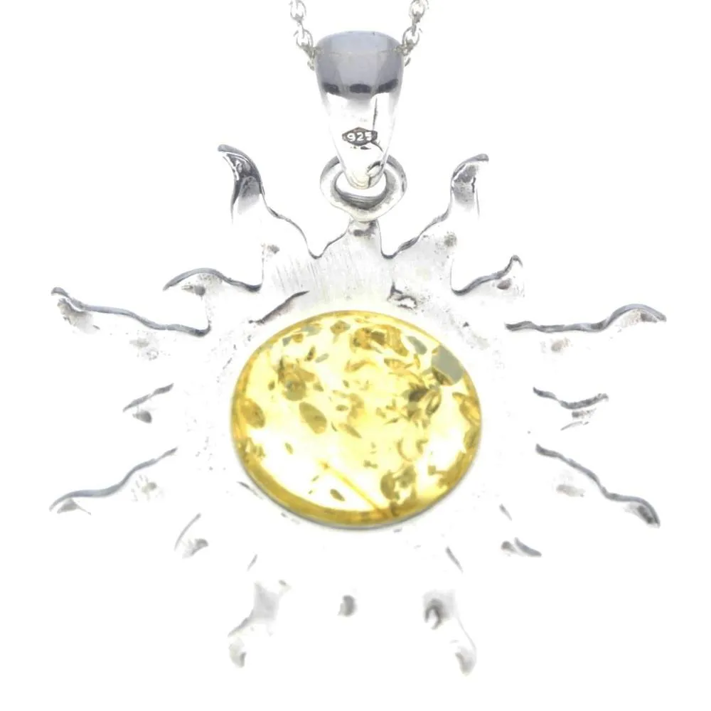 925 Sterling Silver & Genuine Baltic Amber Large Start / Sun Pendant - 1864