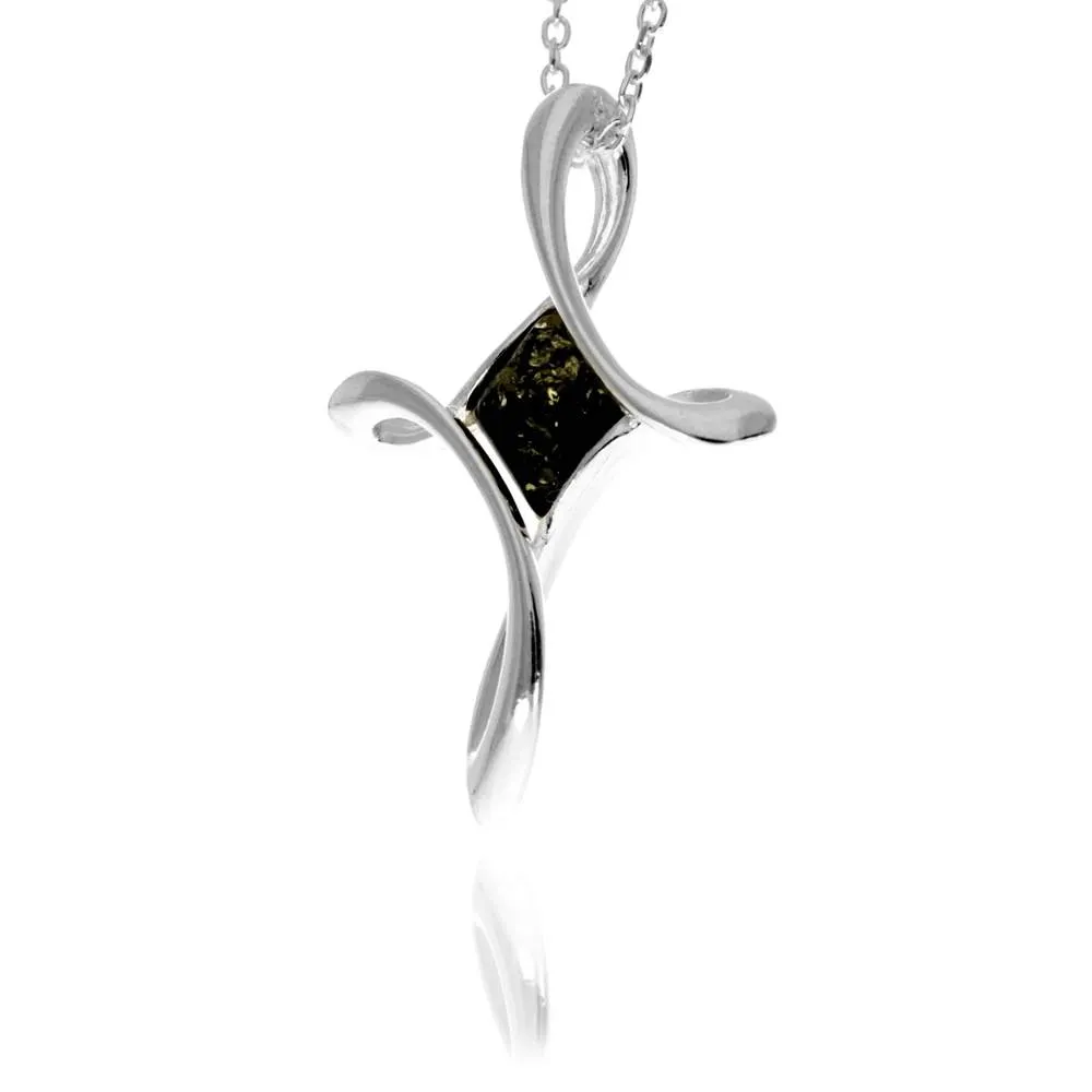 925 Sterling Silver & Genuine Baltic Amber Modern Cross Pendant - GL2068