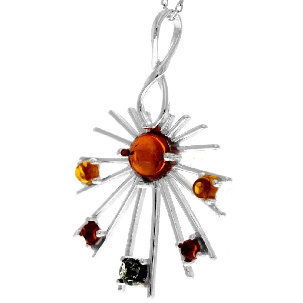 925 Sterling Silver & Genuine Baltic Amber Multi Stone Modern Cross Pendant - 363