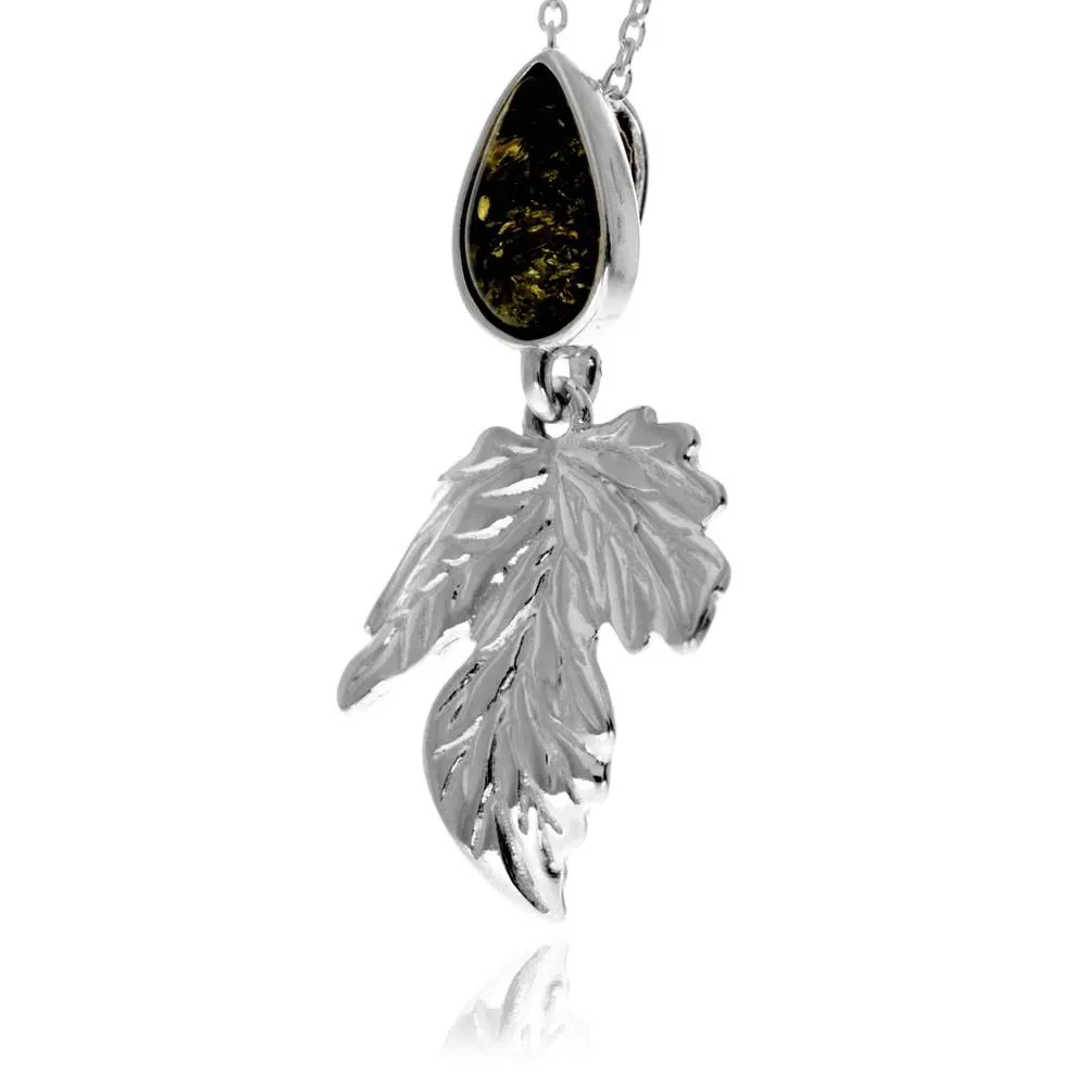 925 Sterling Silver & Teardrop Genuine Baltic Amber Leaf Pendant - GL2064