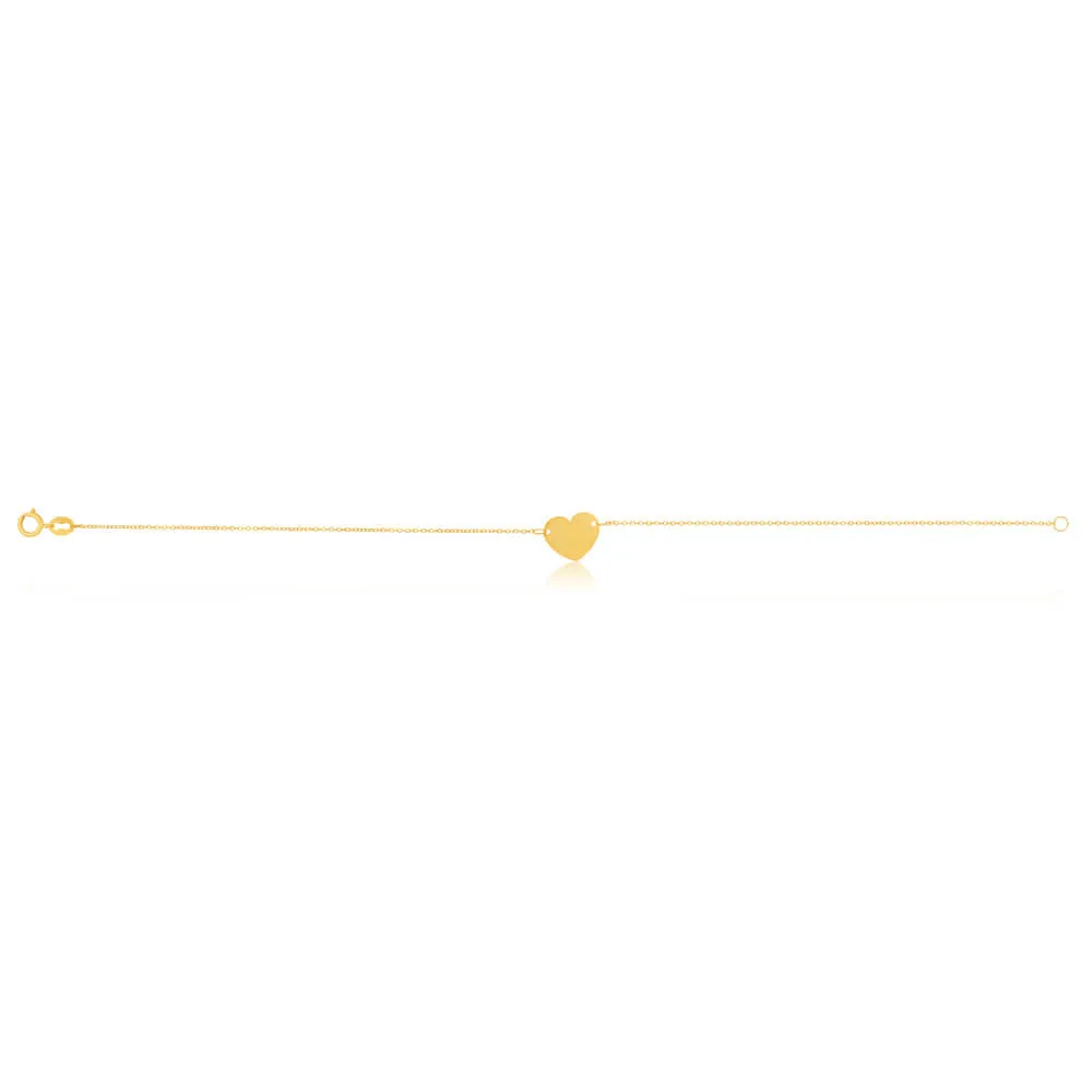 9ct Yellow Gold Plain Flat Heart Charm on 18cm Bracelet