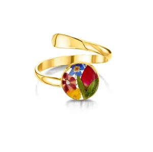 Adjustable Gold-Plated silver Flower Ring - Real Mixed Blooms in .925 Silver - Shrieking Violet®