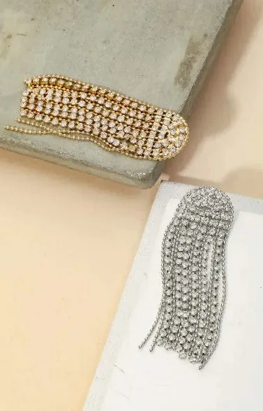 Arch Rhinestone Chain Fringe Earrings Gold Tone