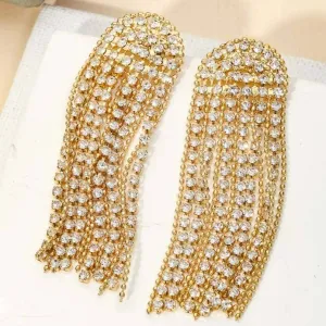 Arch Rhinestone Chain Fringe Earrings Gold Tone