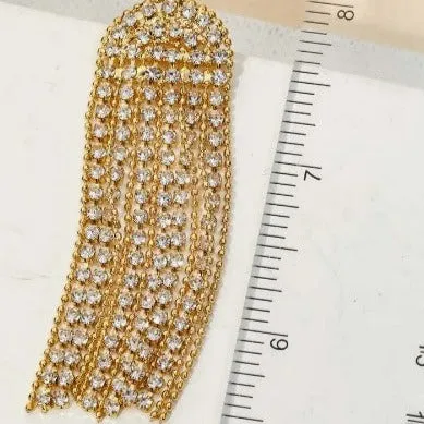 Arch Rhinestone Chain Fringe Earrings Gold Tone