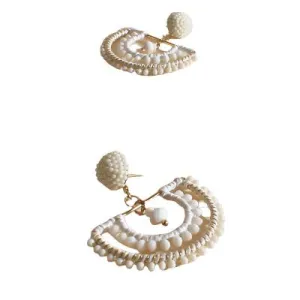 Beaded Crescent Moon Earrings Cream/White