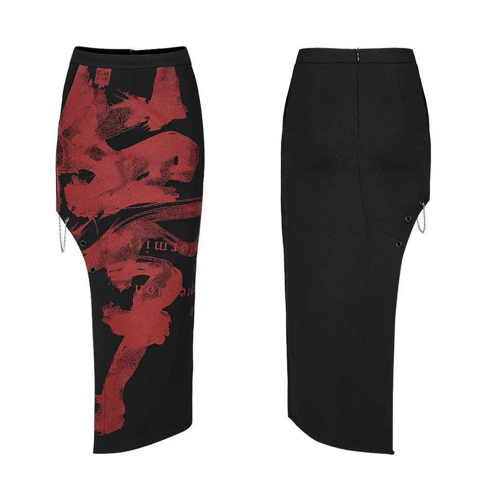 Black Dragon Print Asymmetric Skirt with Chains