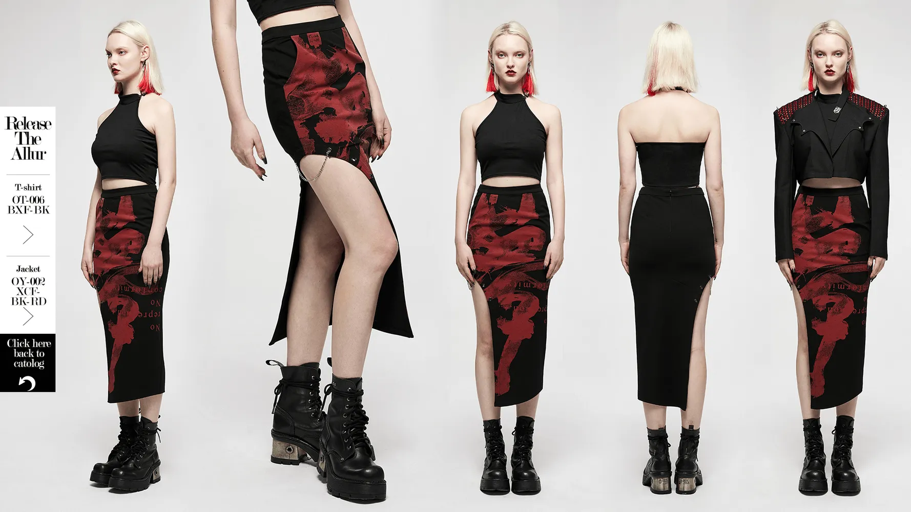 Black Dragon Print Asymmetric Skirt with Chains