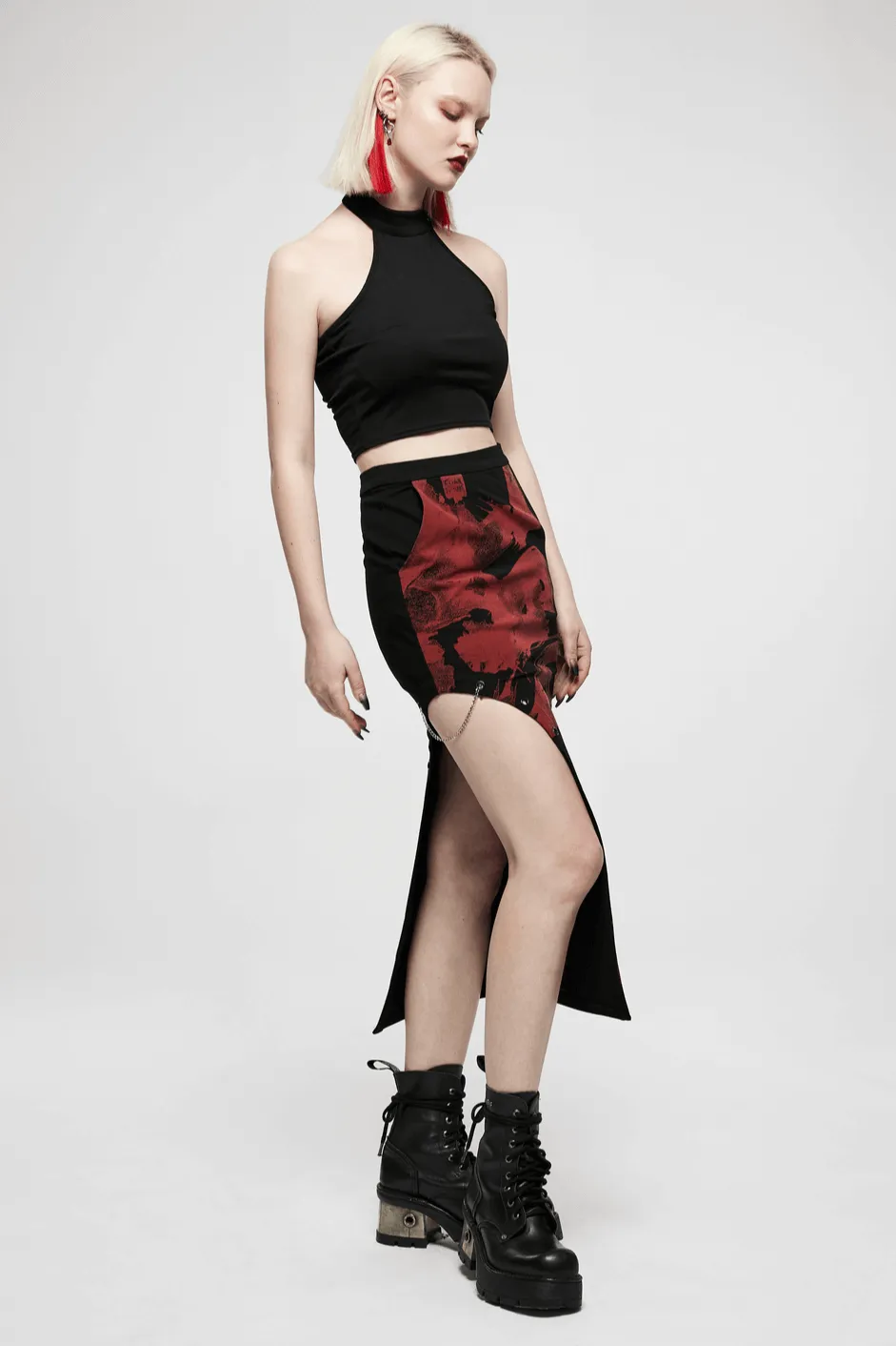 Black Dragon Print Asymmetric Skirt with Chains