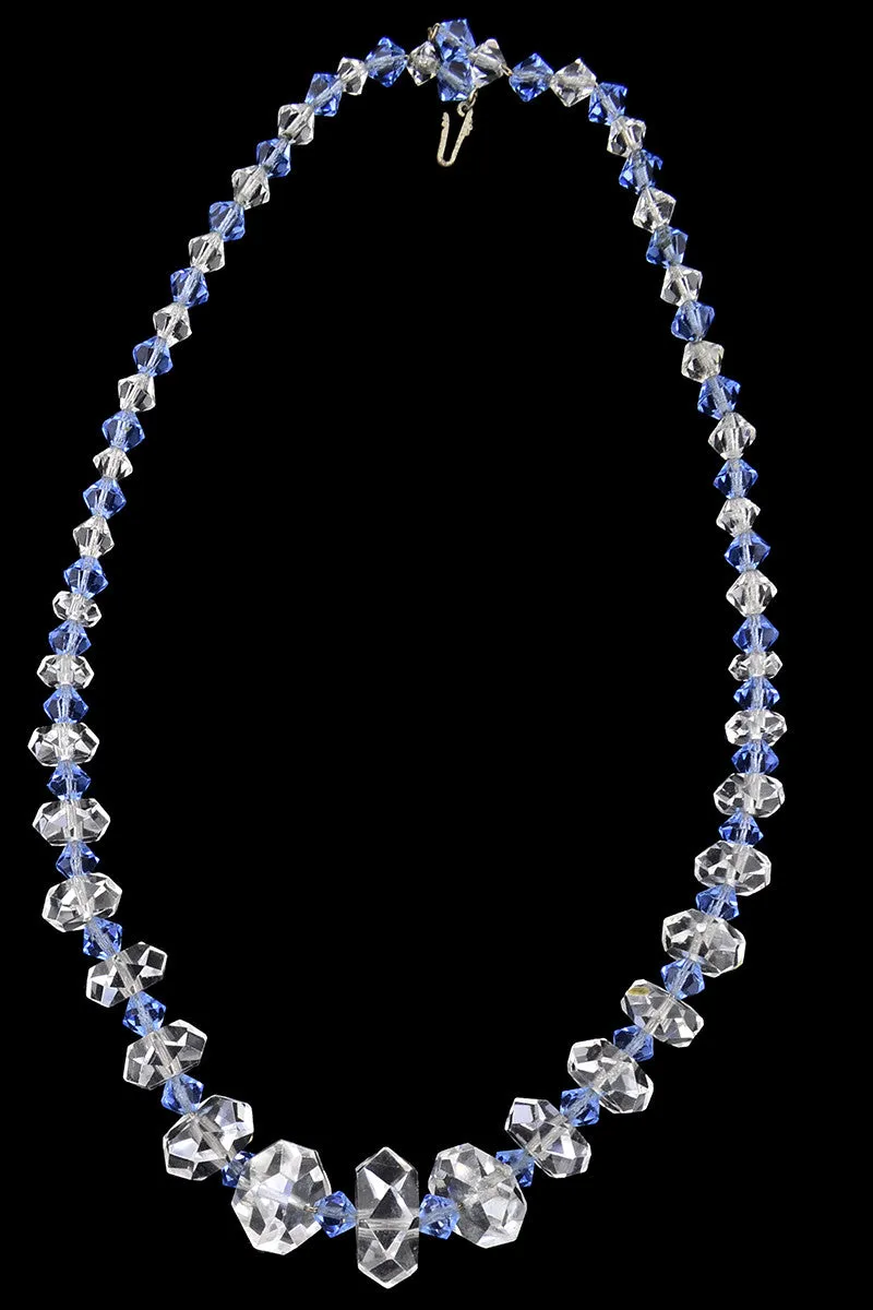 Blue and Clear Crystal 1930's Vintage Necklace Unique Bead Shape