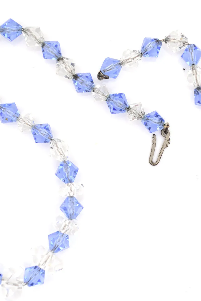 Blue and Clear Crystal 1930's Vintage Necklace Unique Bead Shape