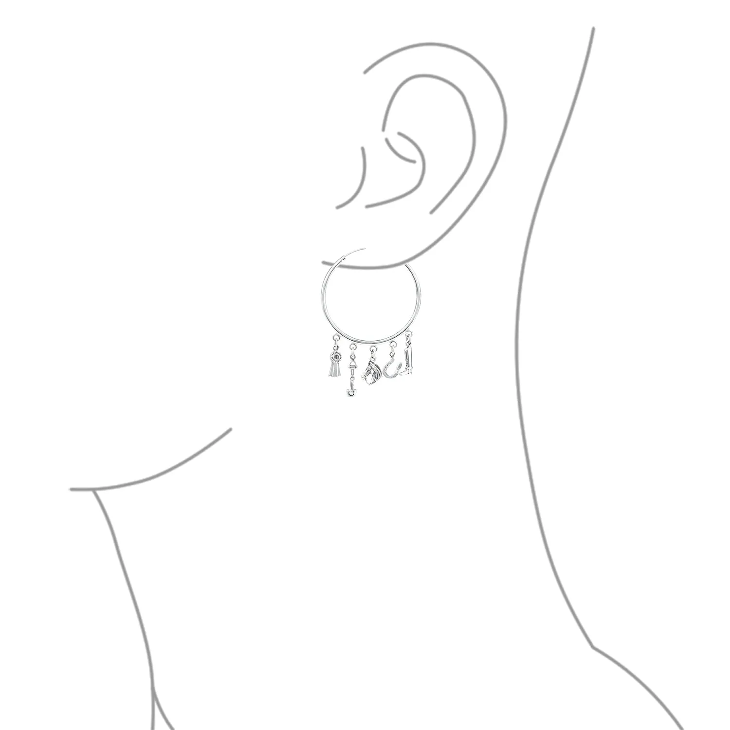 Blue Ribbon Horse Hoop Huggie Earrings with Horseshoe Charms Sterling Silver 2.5"