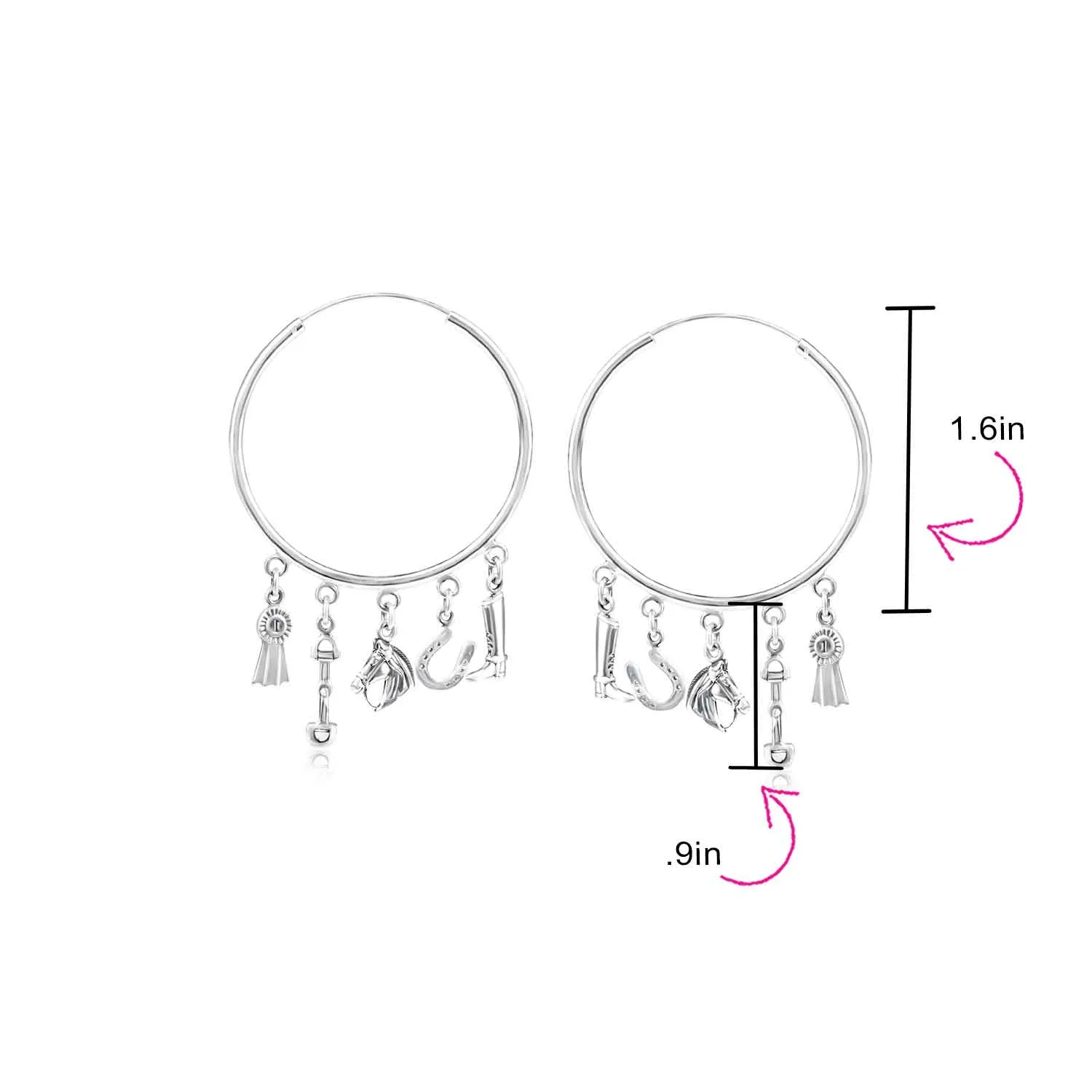 Blue Ribbon Horse Hoop Huggie Earrings with Horseshoe Charms Sterling Silver 2.5"
