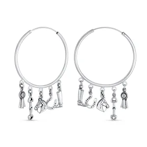 Blue Ribbon Horse Hoop Huggie Earrings with Horseshoe Charms Sterling Silver 2.5"