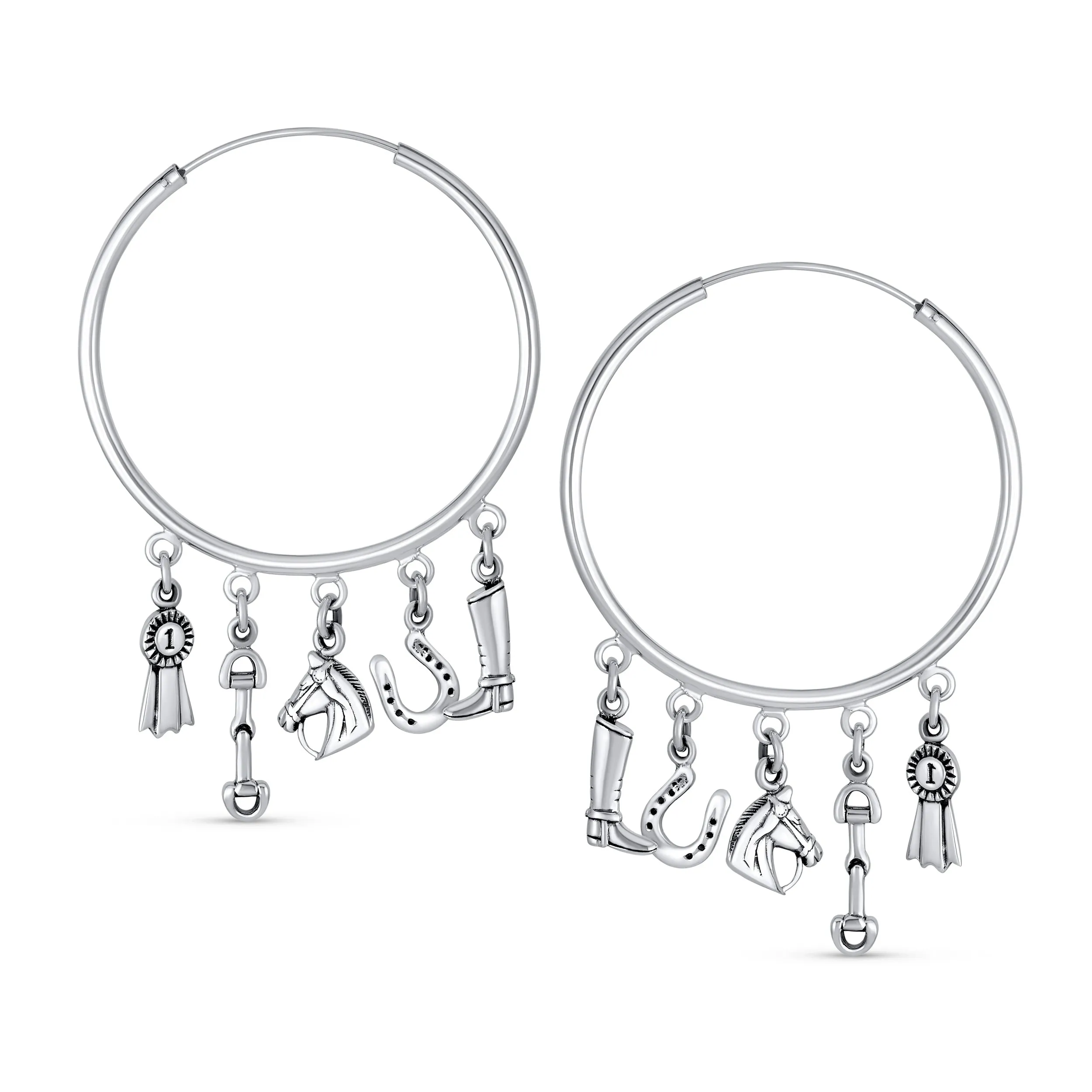 Blue Ribbon Horse Hoop Huggie Earrings with Horseshoe Charms Sterling Silver 2.5"
