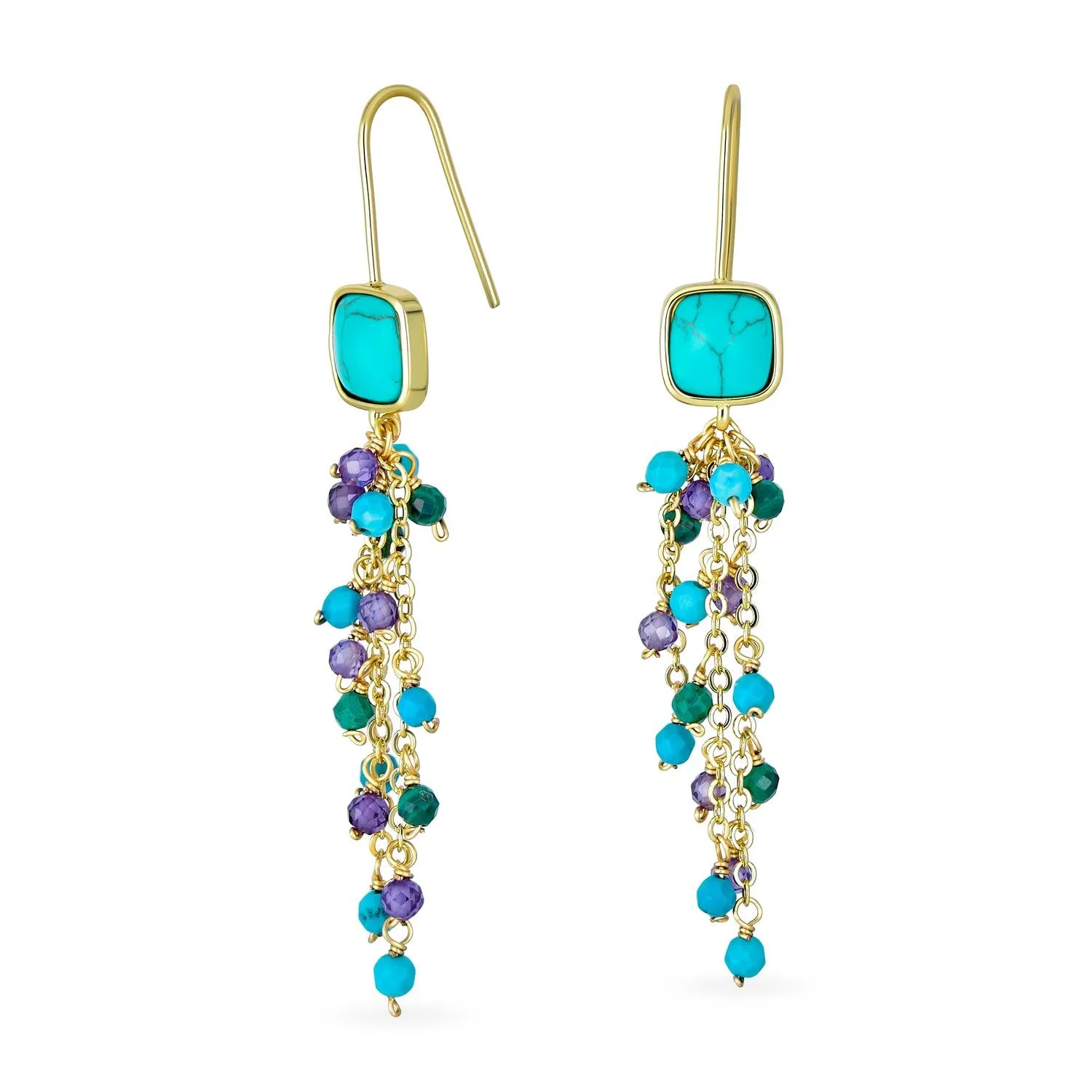 Boho Gemstone Bead Long Tassel Dangle Western Earrings Gold Plated