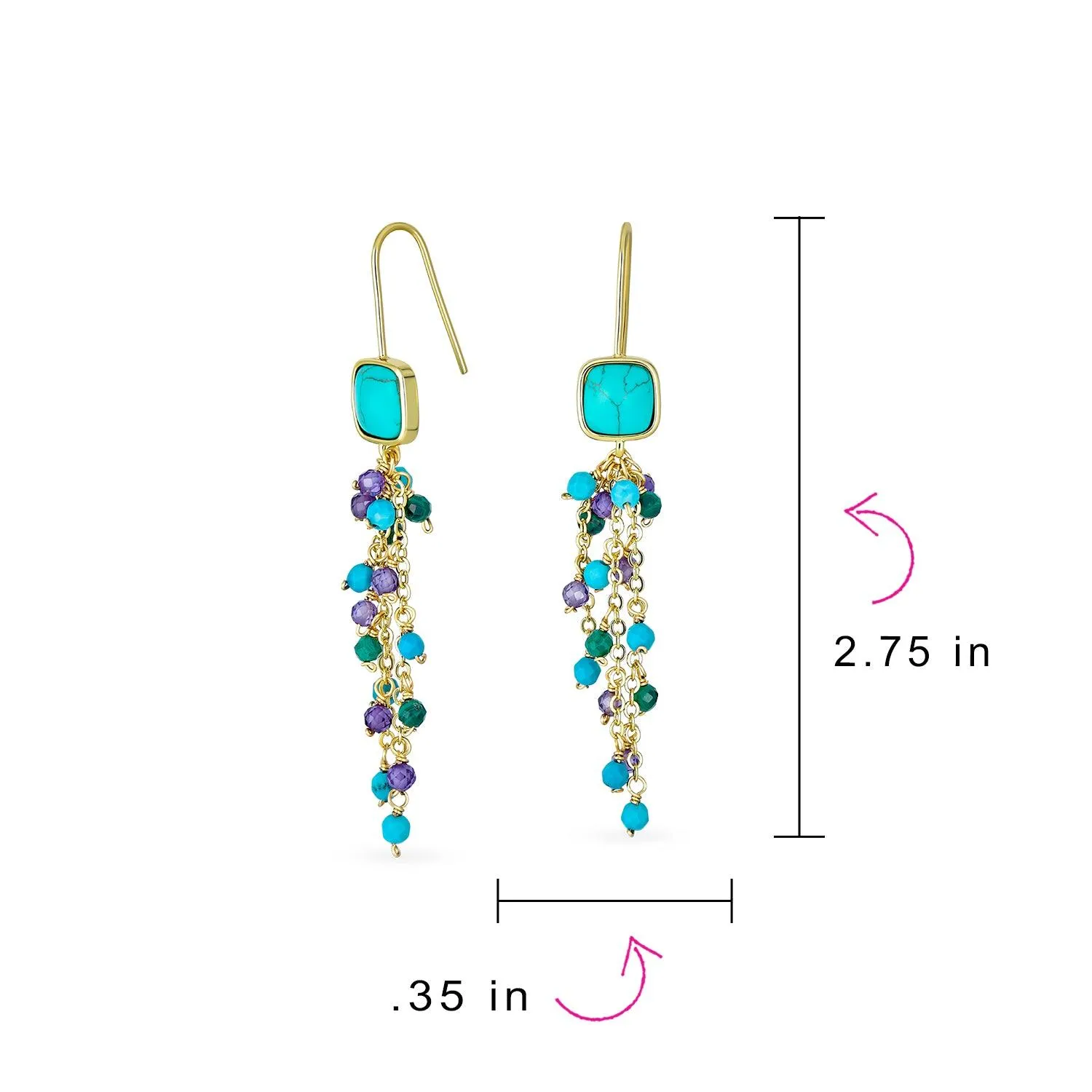Boho Gemstone Bead Long Tassel Dangle Western Earrings Gold Plated
