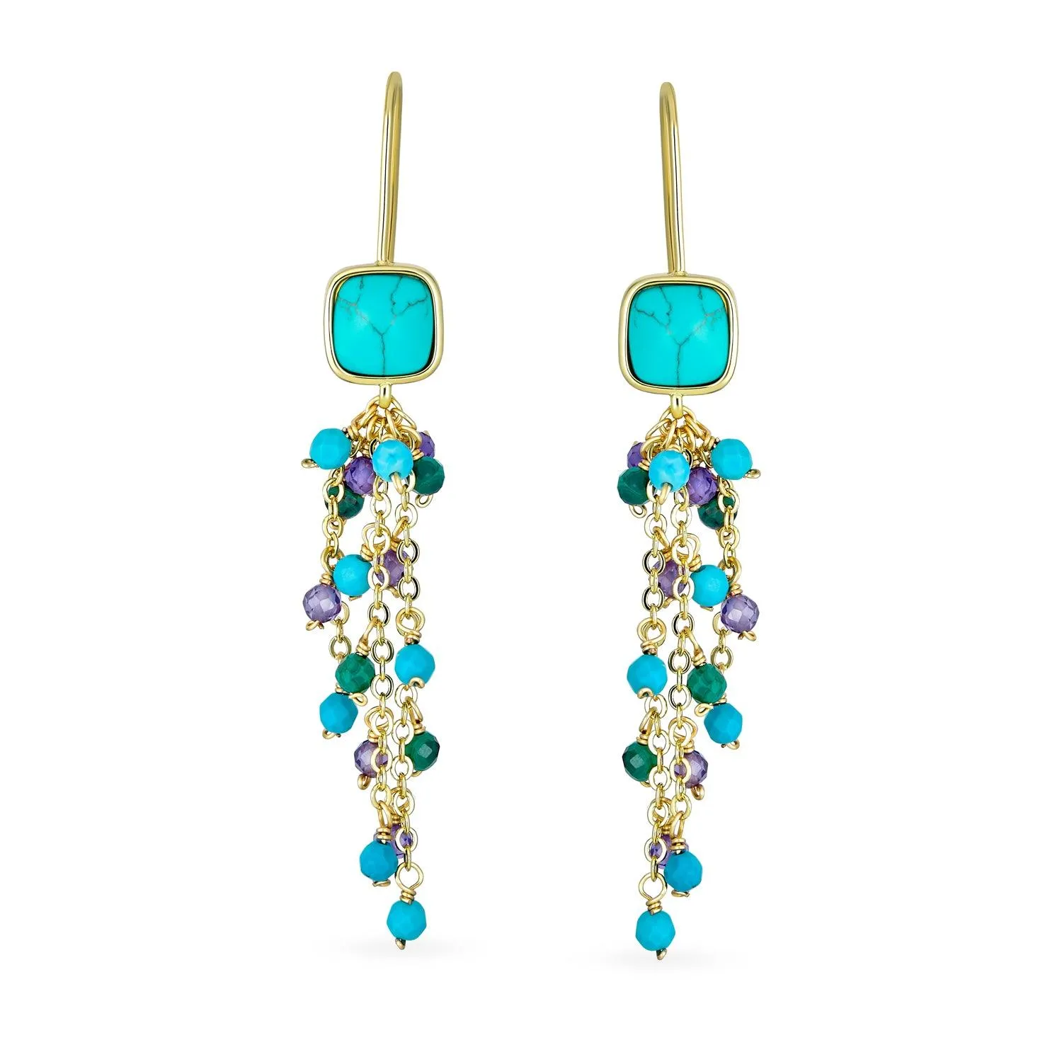 Boho Gemstone Bead Long Tassel Dangle Western Earrings Gold Plated