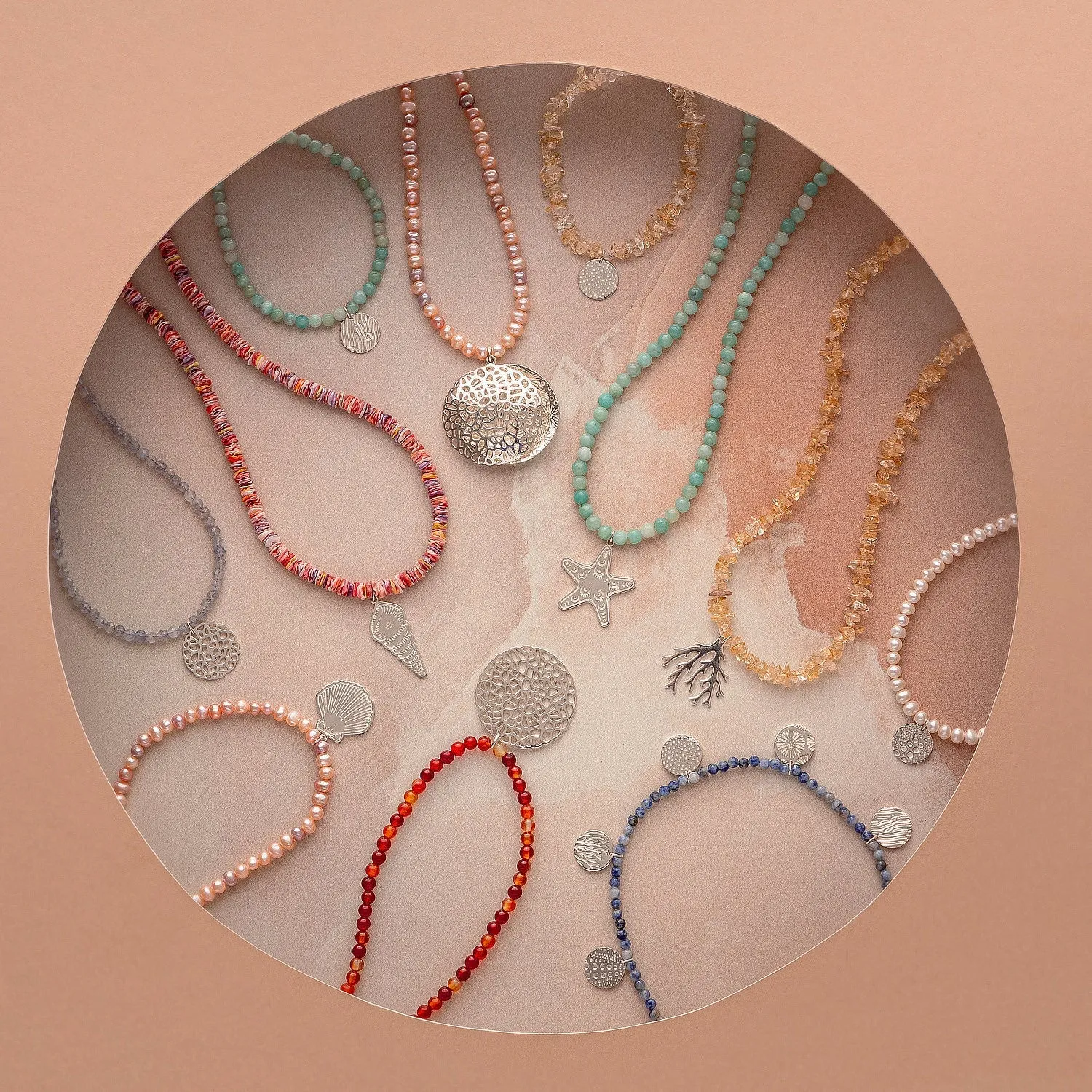 Branch Coral Pendant on Citrine Beaded Necklace