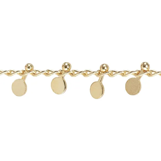 Brass Curb Chains with Flat Round Beads - Real 18K Gold Plated - 1 Foot