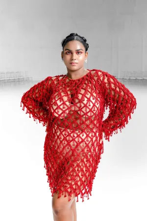 Carmine Lattice Tassled Macrame Dress