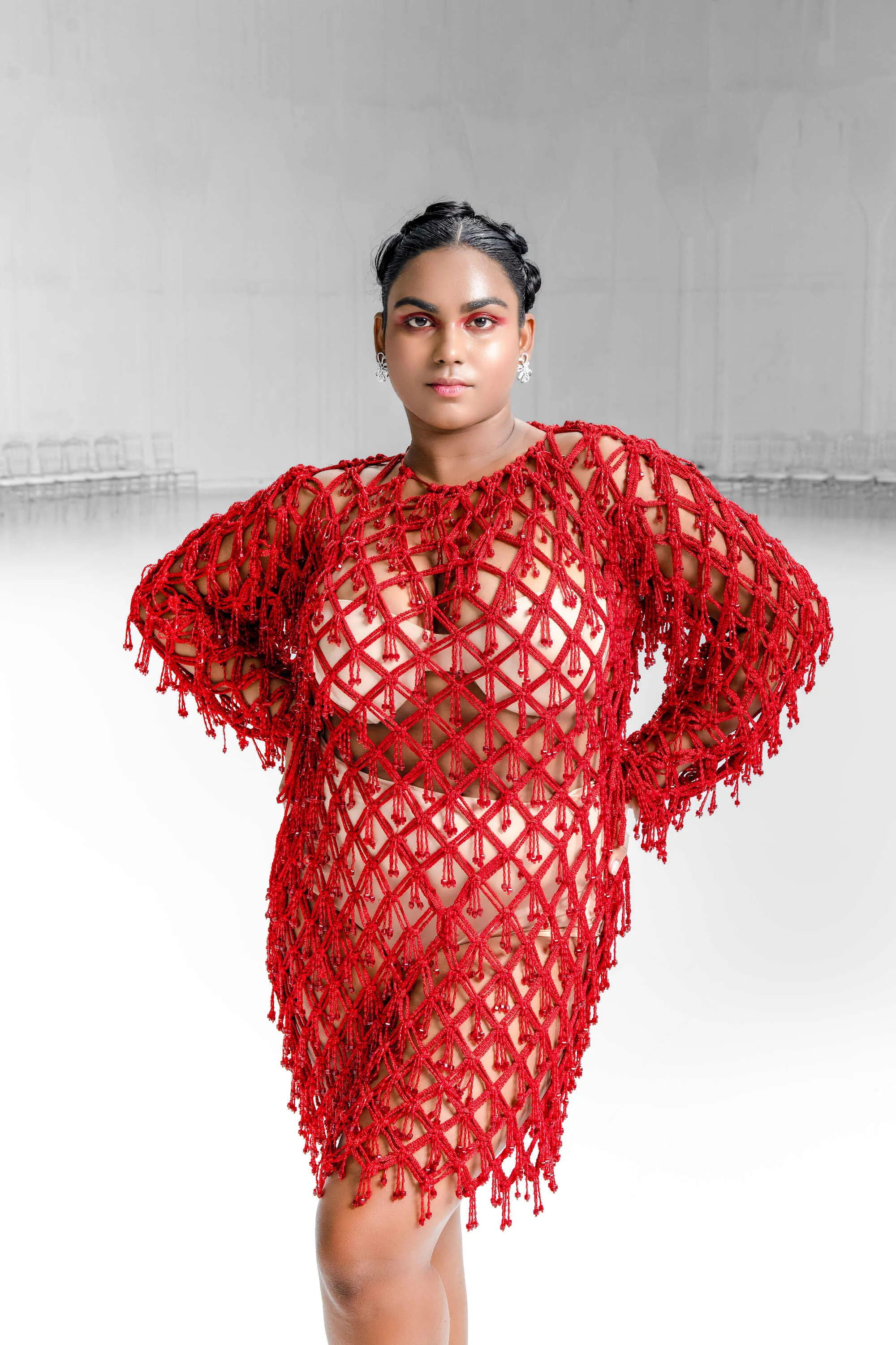 Carmine Lattice Tassled Macrame Dress
