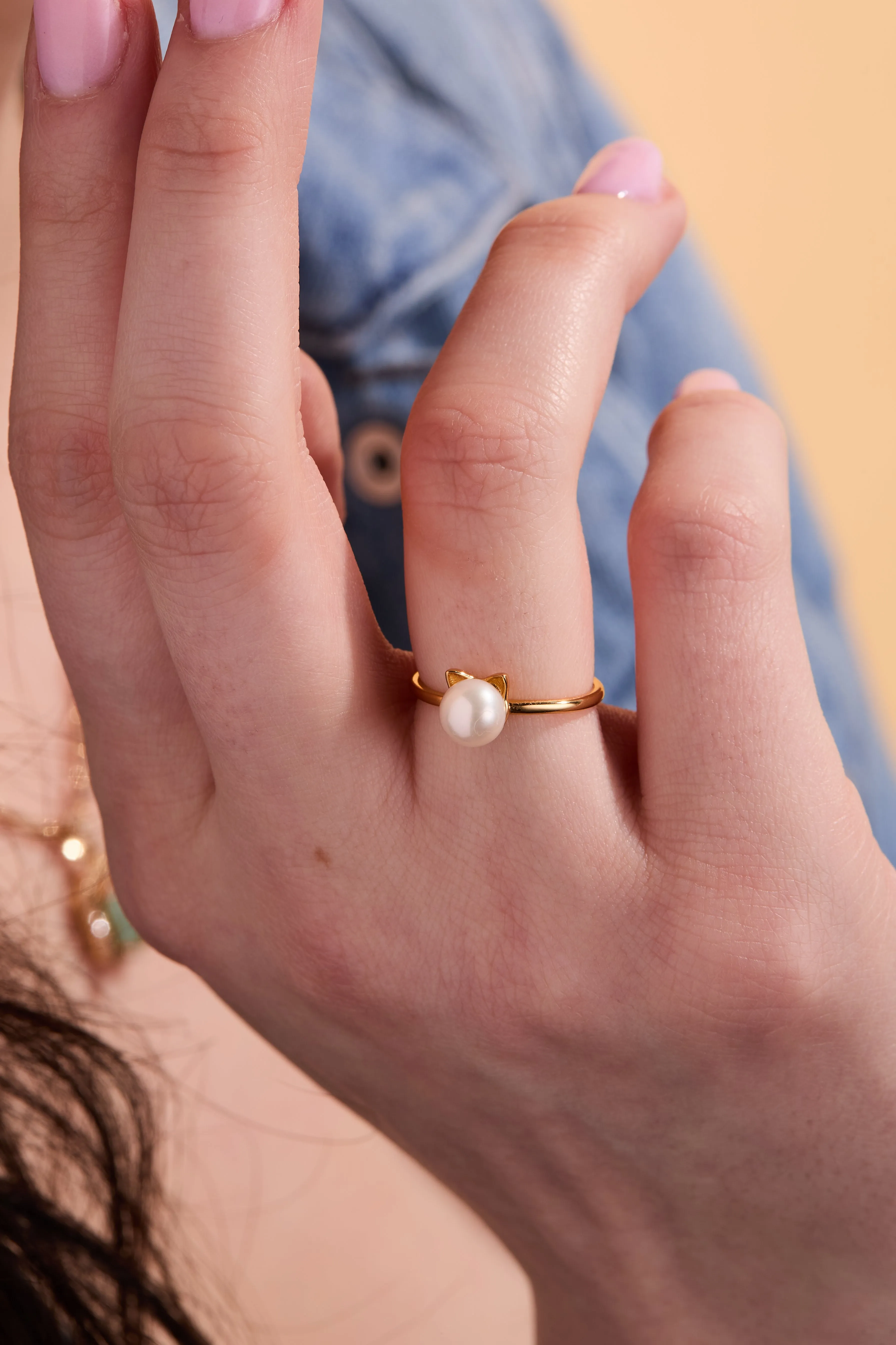 Cat Pearl Gold Adjustable Ring W.