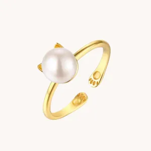 Cat Pearl Gold Adjustable Ring W.